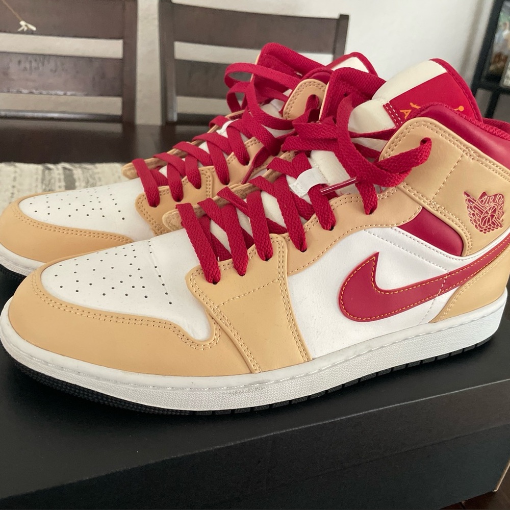Nike Men - Sneakers - Size 13 - Air Jordan 1 Mid Light Curry Cardinal Red